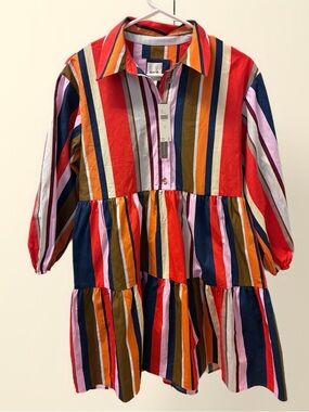 Anthropologie Multicolor Striped Tiered Midi Dress - Red, Navy, Orange, Pink